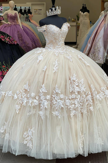 Apricot Off The Shoulder Sequined Long Ball Gown with Appliques