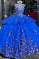 Load image into Gallery viewer, Sparkly Royal Blue Spaghetti Straps Appliques Sequined Ball Gown with Ruffles