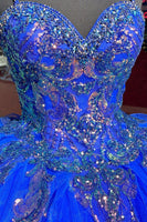 Load image into Gallery viewer, Sparkly Royal Blue Spaghetti Straps Appliques Sequined Ball Gown with Ruffles