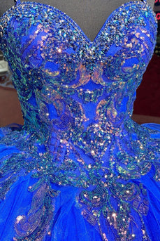 Sparkly Royal Blue Spaghetti Straps Appliques Sequined Ball Gown with Ruffles