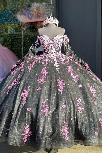 Sweetheart Sparkly Black Sequined Long Ball Gown with Pink Appliques