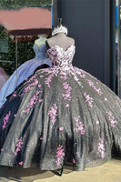 Load image into Gallery viewer, Sweetheart Sparkly Black Sequined Long Ball Gown with Pink Appliques