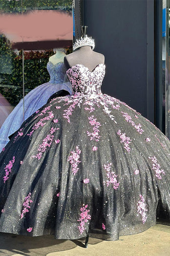 Sweetheart Sparkly Black Sequined Long Ball Gown with Pink Appliques