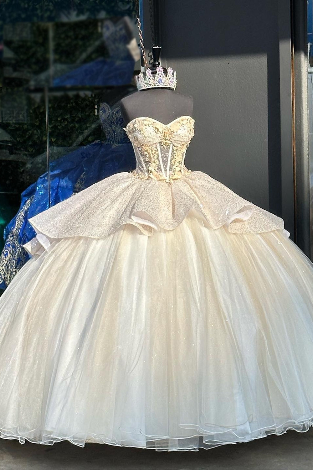 Glitter Apricot Strapless Tiered Sequins Long Ball Gown with Ruffles
