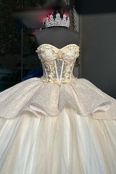 Glitter Apricot Strapless Tiered Sequins Long Ball Gown with Ruffles