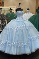 Load image into Gallery viewer, Light Blue Strapless Corset Tulle Long Quinceanera Dress with Appliques