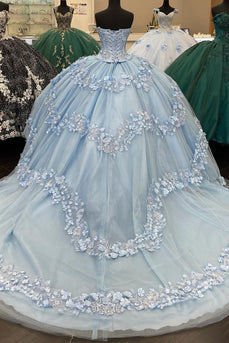 Light Blue Strapless Corset Tulle Long Quinceanera Dress with Appliques