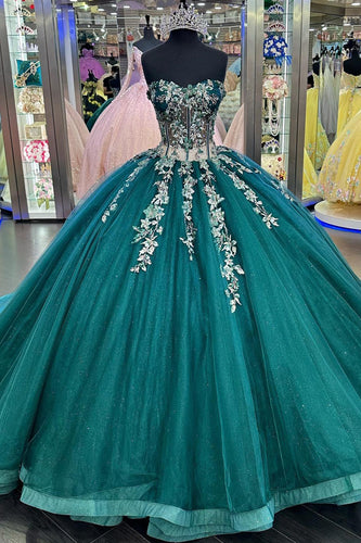 Strapless Dark Green Corset Tulle Quinceanera Dress with Appliques