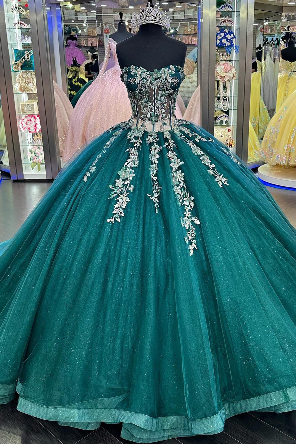 Strapless Dark Green Corset Tulle Quinceanera Dress with Appliques