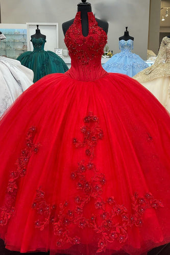 Halter Neck Sparkly Red Sweetheart Appliques Quinceanera Dress with Sequined
