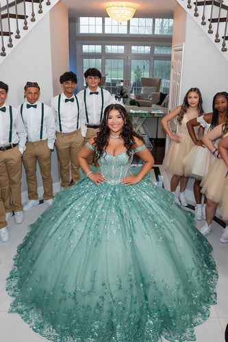 Green Off the Shoulder Corset Tulle Quinceanera Dress with Appliques