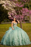 Load image into Gallery viewer, Green Off the Shoulder Corset Tulle Quinceanera Dress with Appliques