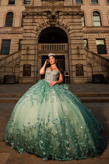Green Off the Shoulder Corset Tulle Quinceanera Dress with Appliques