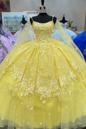 Spaghetti Straps Yellow Tulle Corset Ball Gown with Appliques