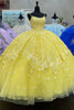 Load image into Gallery viewer, Spaghetti Straps Yellow Tulle Corset Ball Gown with Appliques