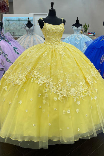 Spaghetti Straps Yellow Tulle Corset Ball Gown with Appliques