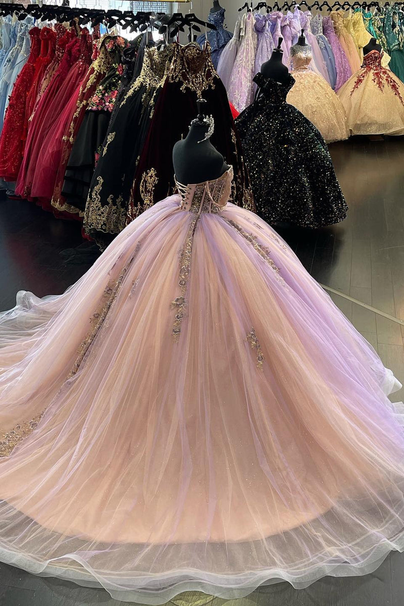 Load image into Gallery viewer, Off The Shoulder Sparkly Lilac Sequined Quinceanera Dress with Appliques