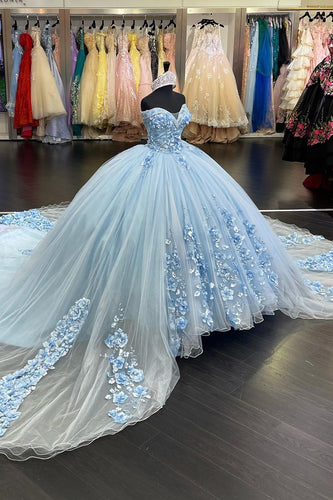 Light Blue Strapless Tulle Long Quinceanera Dress with Appliques