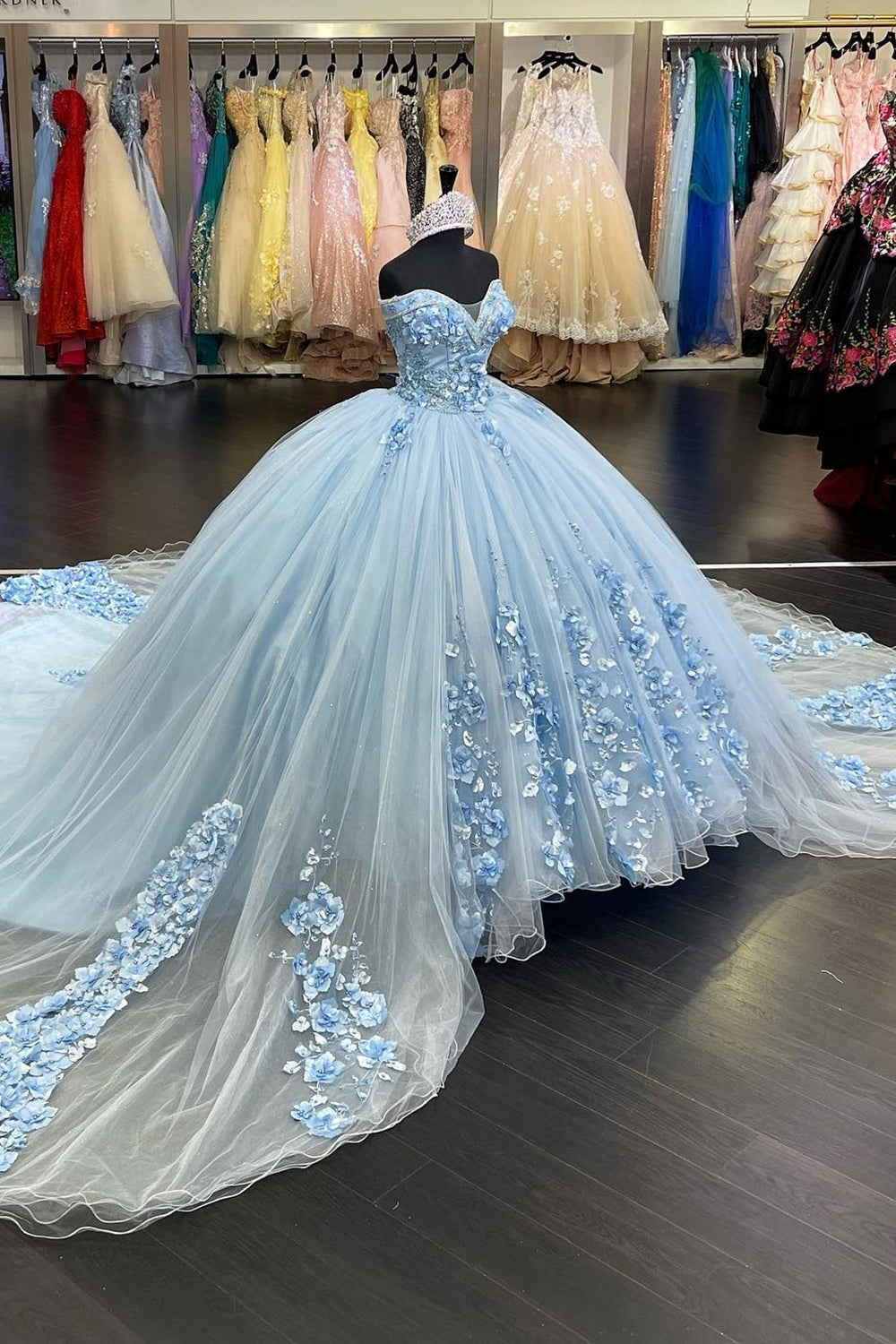 Light Blue Strapless Tulle Long Quinceanera Dress with Appliques