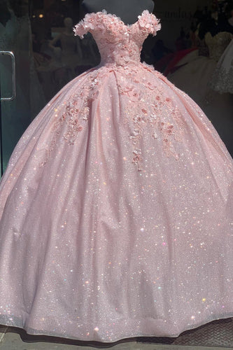 Glitter Pink Off The Shoulder Sequined Appliques Long Quinceanera Dress