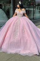 Load image into Gallery viewer, Sparkly Pink Off The Shoulder Long Quinceanera Dress with Rhinestones