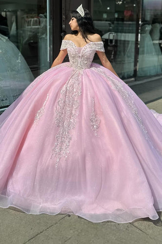 Sparkly Pink Off The Shoulder Long Quinceanera Dress with Rhinestones