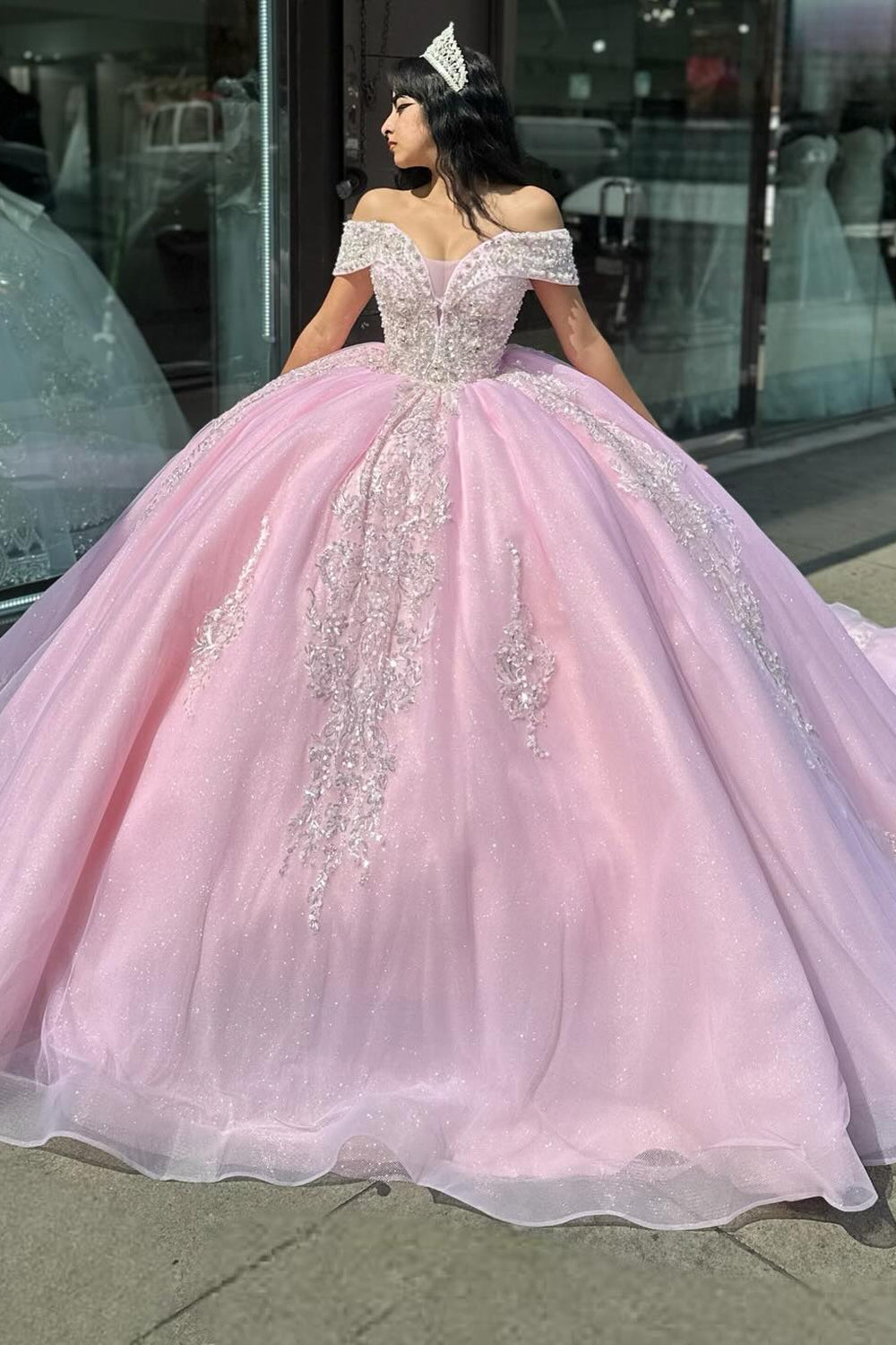 Sparkly Pink Off The Shoulder Long Quinceanera Dress with Rhinestones