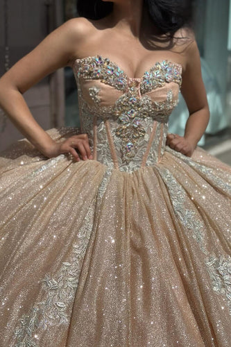 Strapless Sparkly Champagne Corset Sequins Ball Gown with Rhinestones
