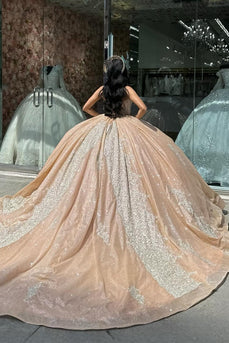 Strapless Sparkly Champagne Corset Sequins Ball Gown with Rhinestones