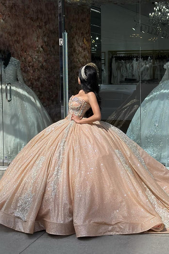 Strapless Sparkly Champagne Corset Sequins Ball Gown with Rhinestones