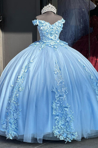 Sparkly Blue Appliques Off The Shoulder Tulle Quinceanera Dress with Beaded