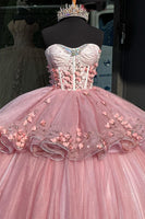 Load image into Gallery viewer, Tiered Tulle Pink Strapless Corset Quinceanera Dress with Ruffles
