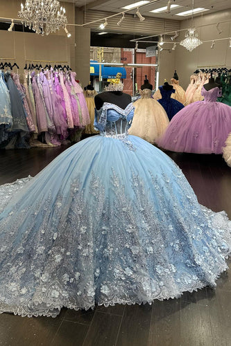 Glitter Light Blue Appliques Beaded Quinceanera Dress with Off The Shoulder