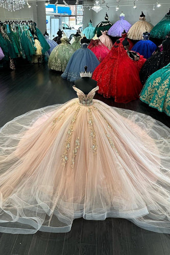 Off The Shoulder Sparkly Blush Tulle Beaded Ball Gown with Appliques
