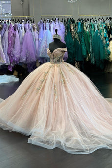 Off The Shoulder Sparkly Blush Tulle Beaded Ball Gown with Appliques