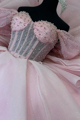 Beaded Corset Sparkly Pink Off The Shoulder Long Ball Gown with Bow