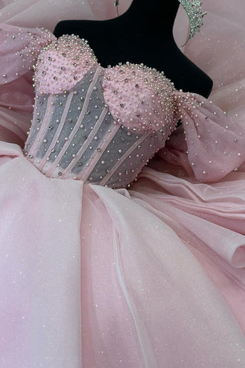 Beaded Corset Sparkly Pink Off The Shoulder Long Ball Gown with Bow