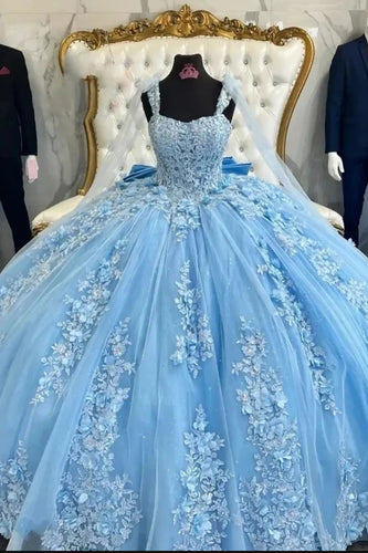 Floral Appliques Light Blue Tulle Spaghetti Straps Long Ball Gown with Bow Back