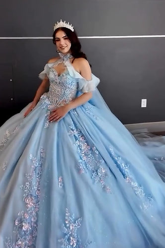 Sparkly Sky Blue Corset Long Quinceanera Dress with Sequins