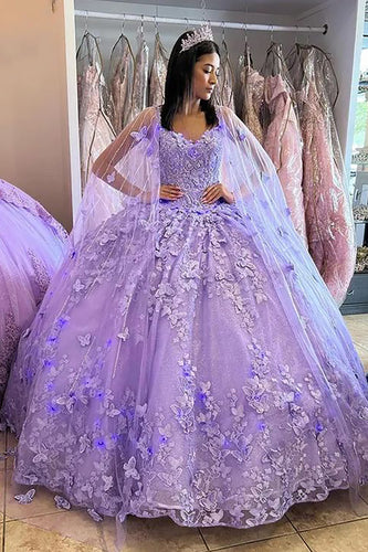 Purple Off The Shoulder Tulle Quinceanera Dress with Butterfly Appliques