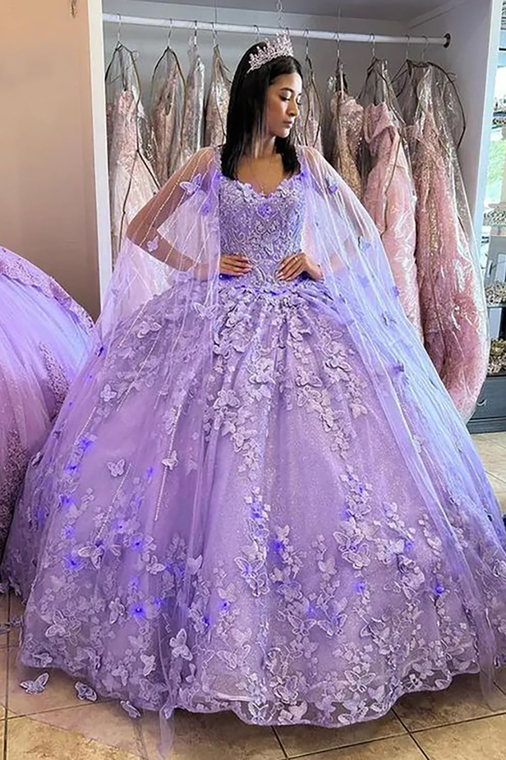 Purple Off The Shoulder Tulle Quinceanera Dress with Butterfly Appliques