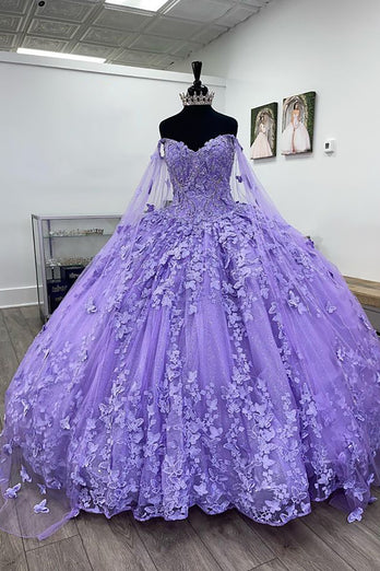 Purple Off The Shoulder Tulle Quinceanera Dress with Butterfly Appliques