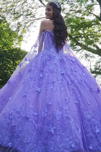 Purple Off The Shoulder Tulle Quinceanera Dress with Butterfly Appliques