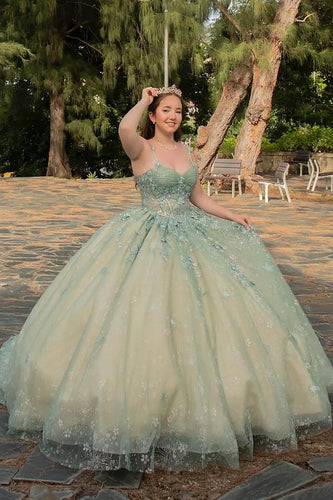 Spaghetti Straps Tulle Corset Dusty Sage Ball Gown with Appliques