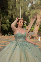 Load image into Gallery viewer, Spaghetti Straps Tulle Corset Dusty Sage Ball Gown with Appliques