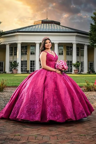 Fuchsia Beaded Spaghetti Straps Long Ball Gown with Floral Appliques