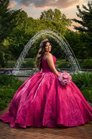 Load image into Gallery viewer, Fuchsia Beaded Spaghetti Straps Long Ball Gown with Floral Appliques