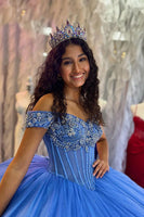 Load image into Gallery viewer, Sparkly Blue Pleated Tulle Long Corset Quinceanera Dress with Off the Shoulder