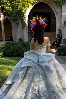 Off the Shoulder Sparkly Silver Beaded Long Quinceanera Dress
