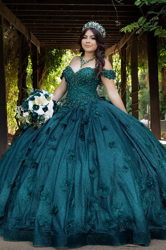 Sparkly Dark Green Off the Shoulder Floral Appliques Ball Gown with beaded